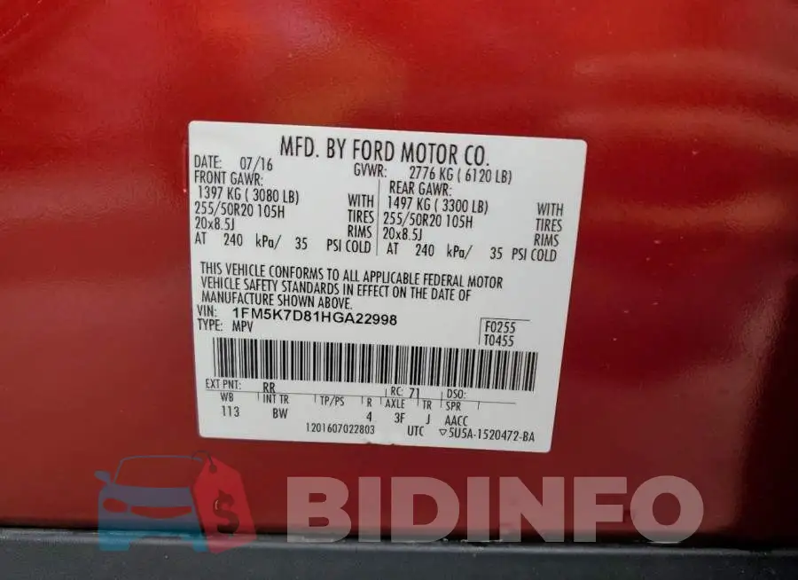 1FM5K7D81HGA22998 Photo# 13
