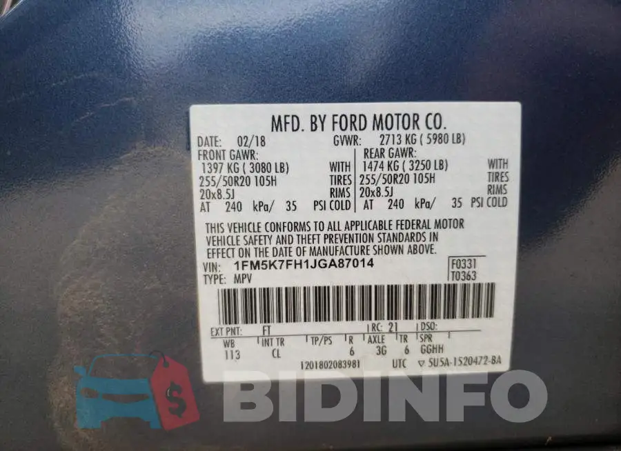 1FM5K7FH1JGA87014 Photo# 12