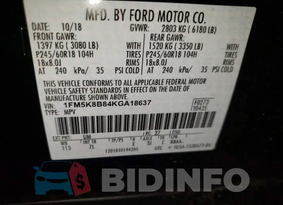 1FM5K8B84KGA18637 Photo# 10