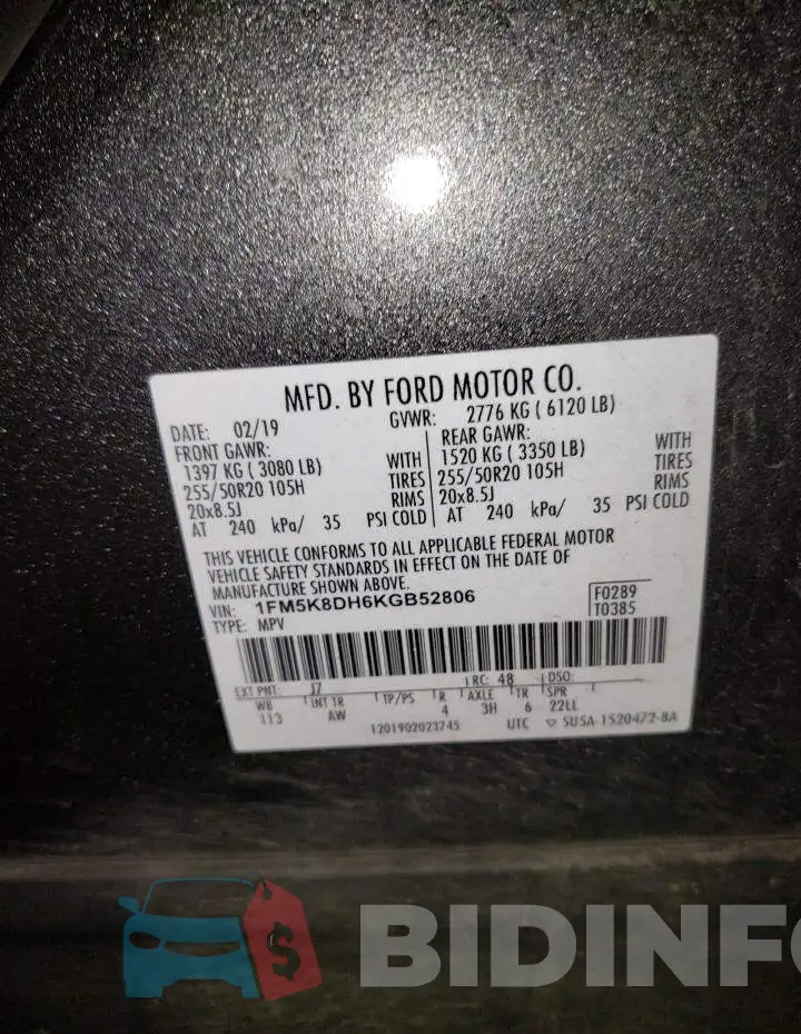 1FM5K8DH6KGB52806 Photo# 13