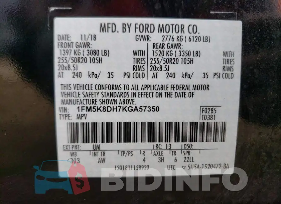 1FM5K8DH7KGA57350 Photo# 12
