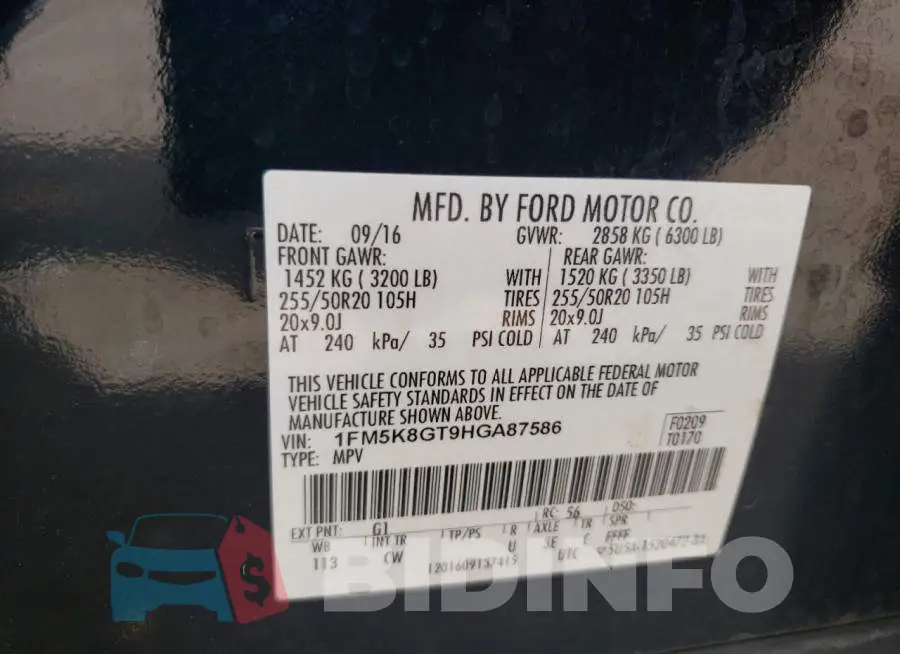 1FM5K8GT9HGA87586 Photo# 13