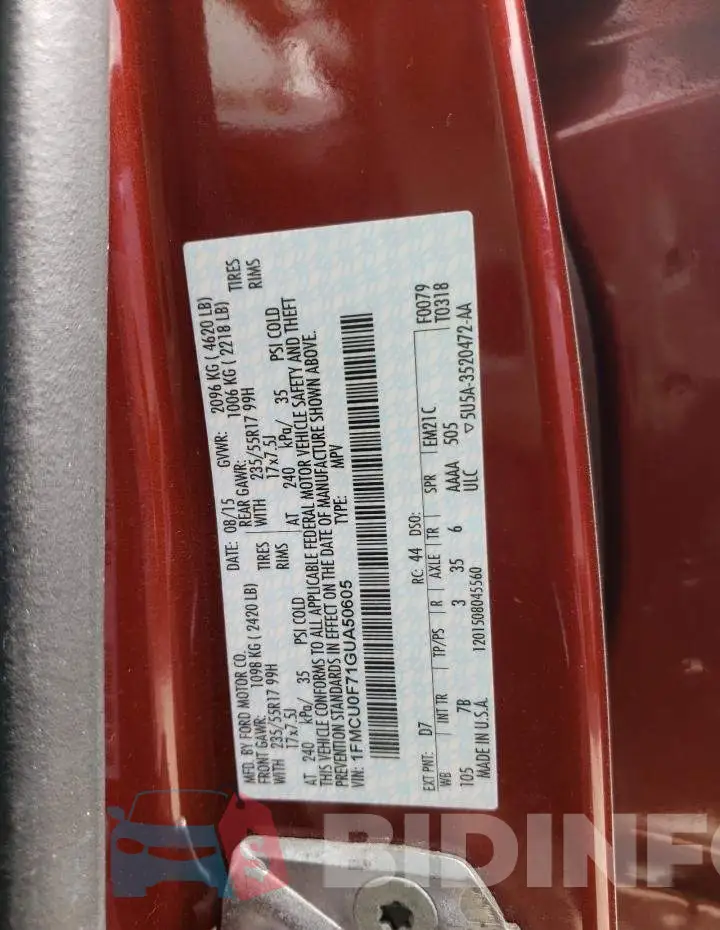 1FMCU0F71GUA50605 Photo# 14