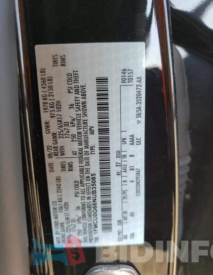 1FMCU0G66NUB35085 Photo# 12