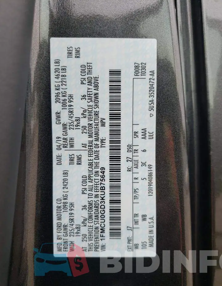 1FMCU0GD3KUB75649 Photo# 14