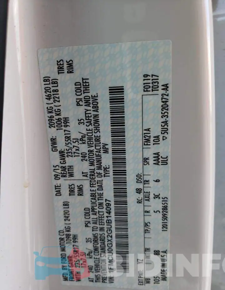 1FMCU0GX2GUB14097 Photo# 13
