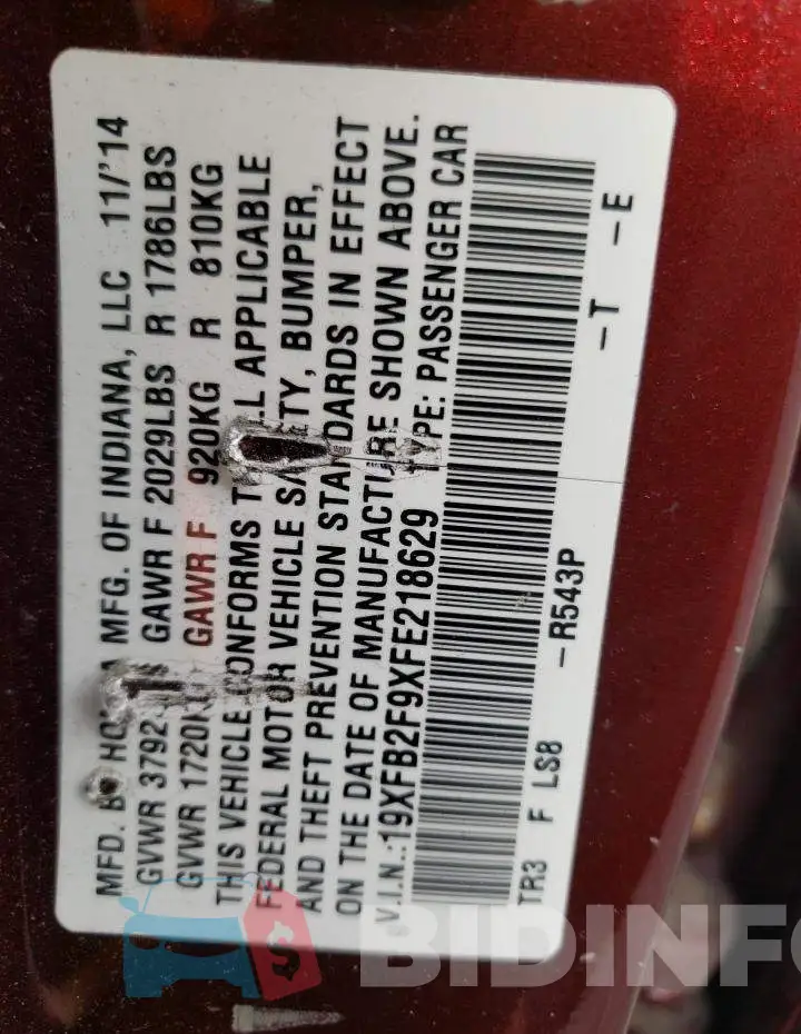 19XFB2F9XFE218629 Photo# 13