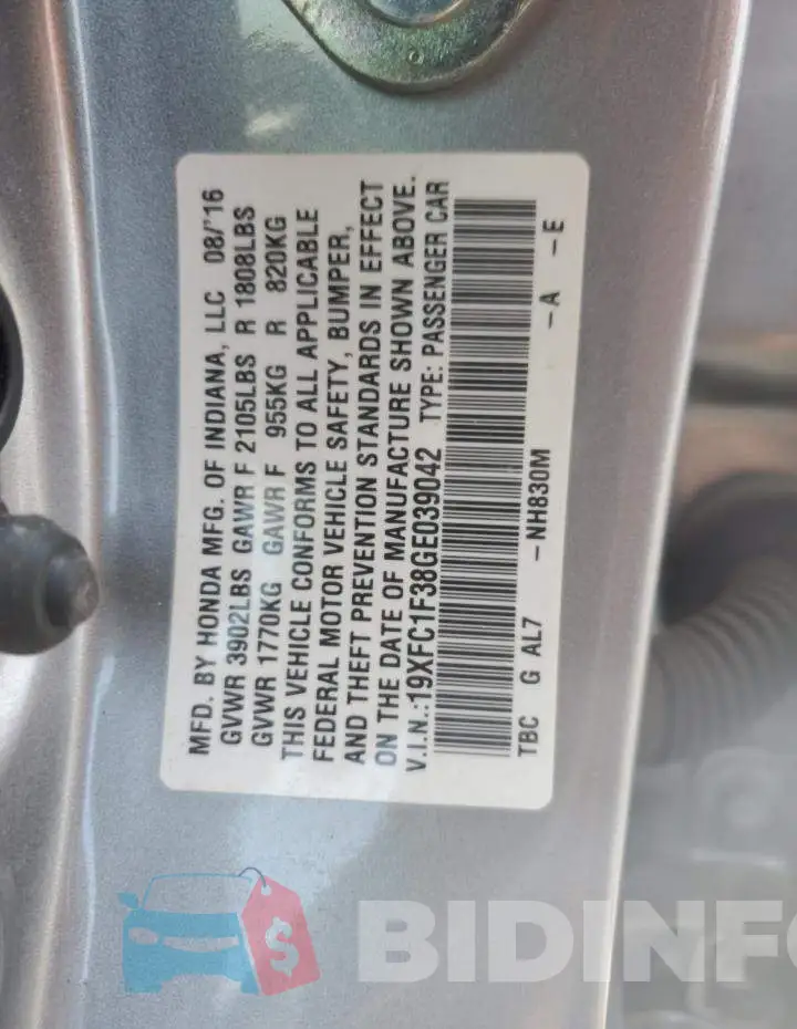 19XFC1F38GE039042 Photo# 12
