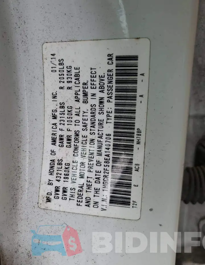 1HGCR2F58EA140706 Photo# 12