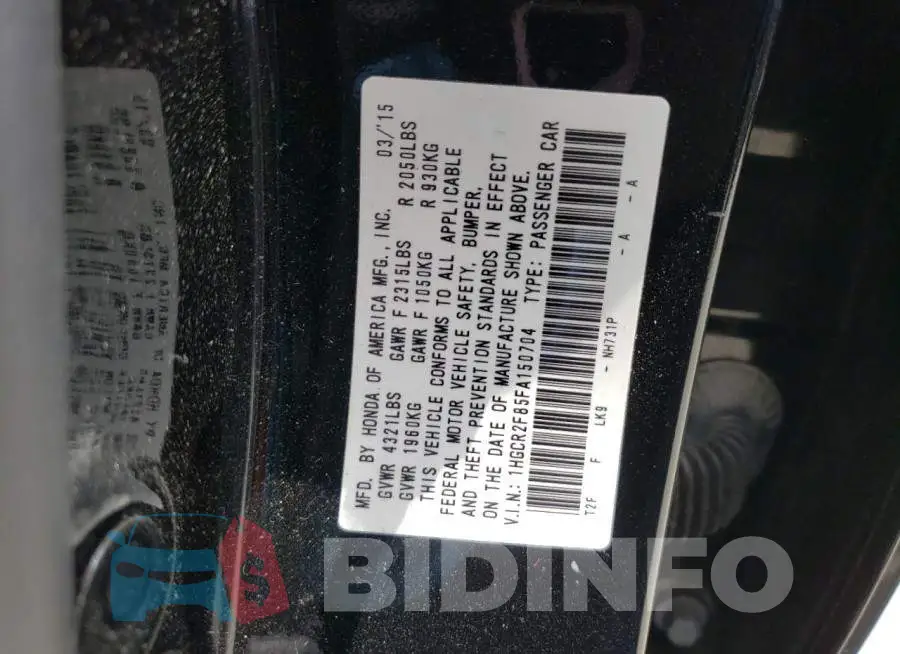 1HGCR2F85FA150704 Photo# 12