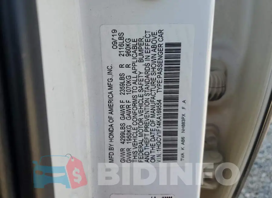 1HGCV1F14KA169554 Photo# 12