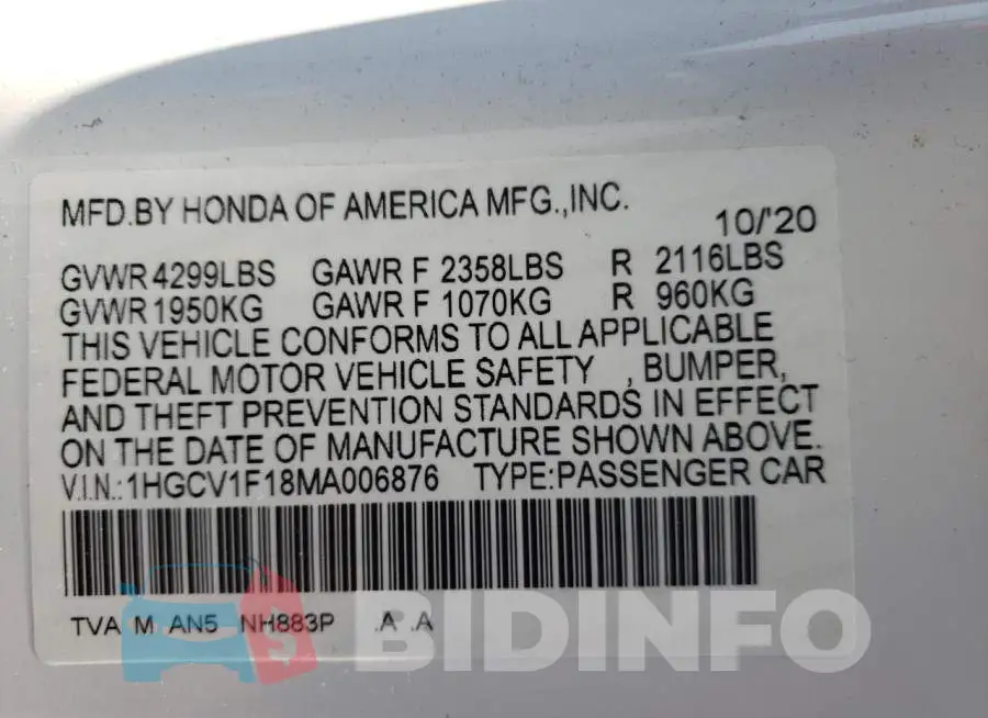 1HGCV1F18MA006876 Photo# 12