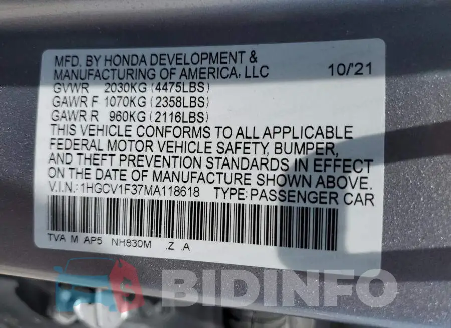 1HGCV1F37MA118618 Photo# 13