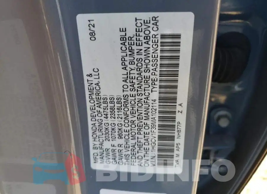 1HGCV1F39MA102114 Photo# 12