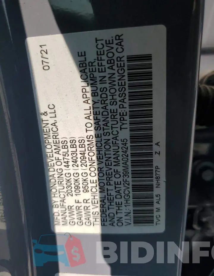 1HGCV2F39MA024245 Photo# 13