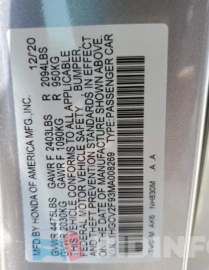 1HGCV2F93MA008269 Photo# 12