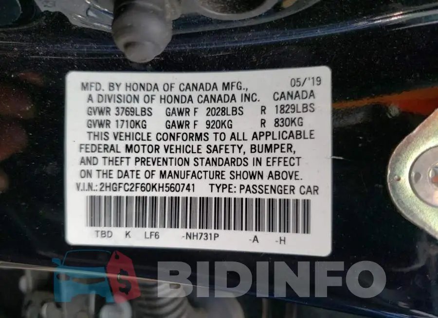 2HGFC2F60KH560741 Photo# 12