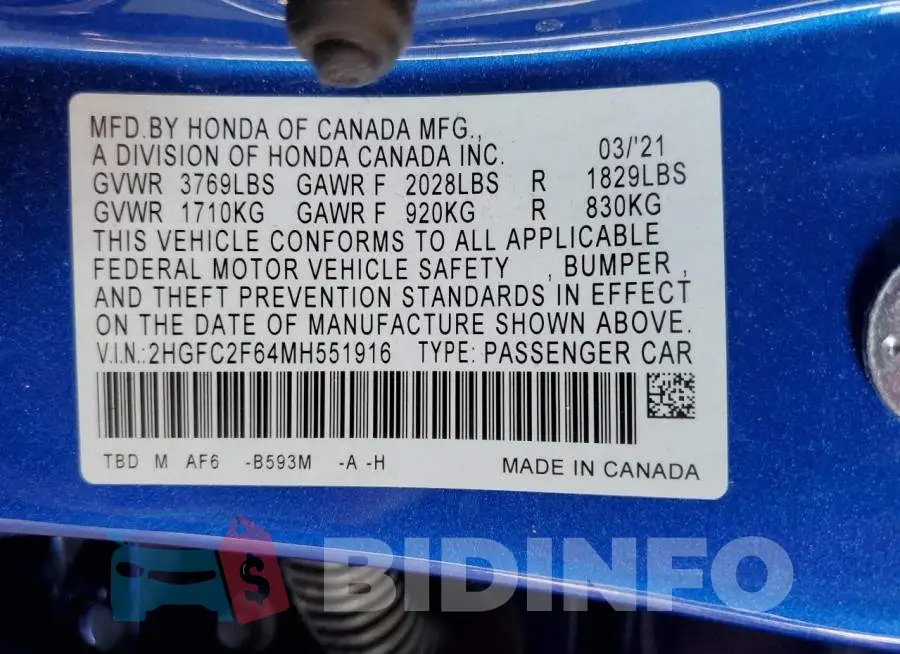 2HGFC2F64MH551916 Photo# 12