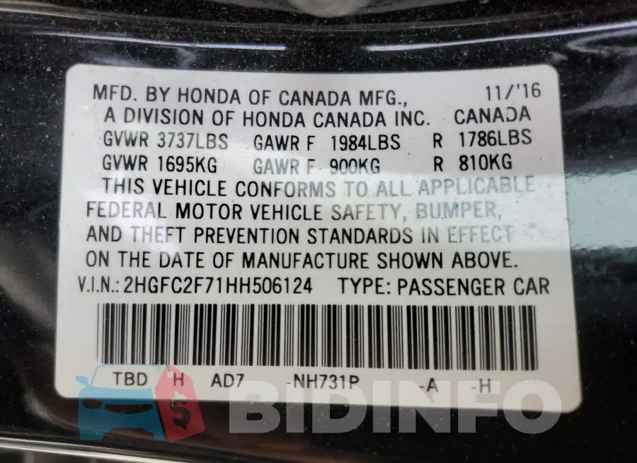 2HGFC2F71HH506124 Photo# 12