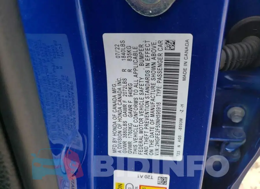 2HGFE2F50NH595916 Photo# 12