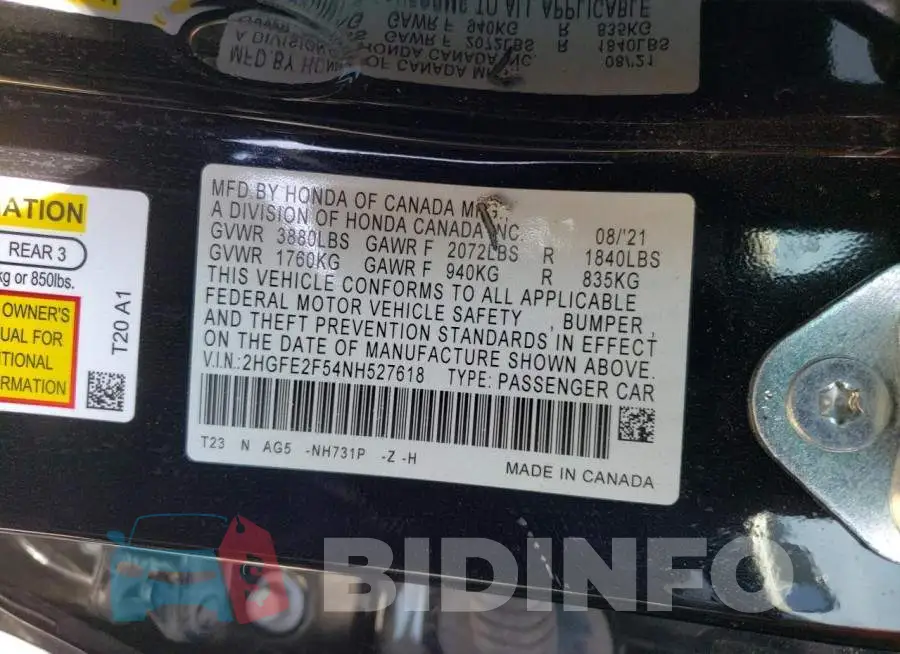 2HGFE2F54NH527618 Photo# 12