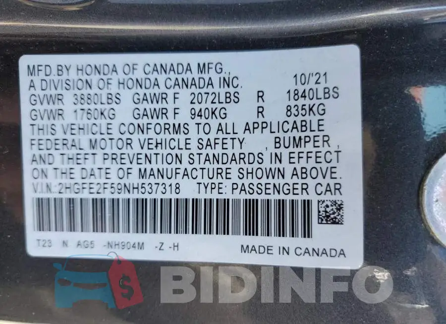2HGFE2F59NH537318 Photo# 12