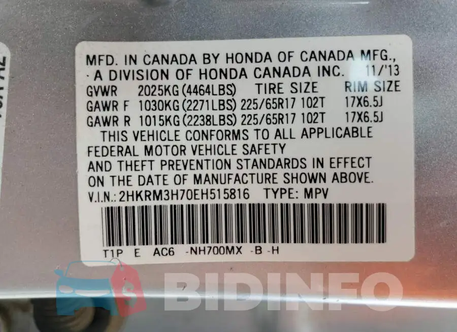 2HKRM3H70EH515816 Photo# 13