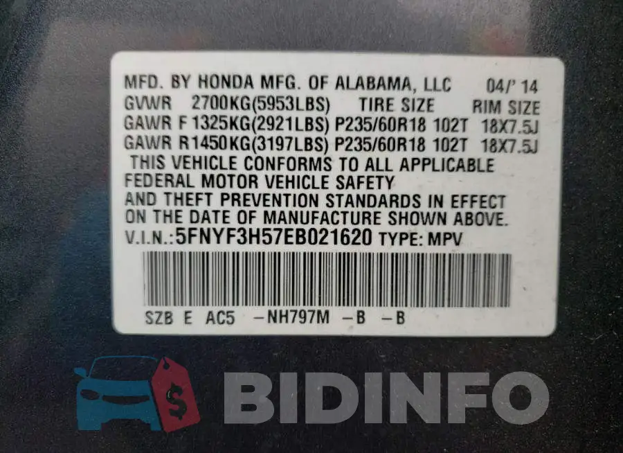 5FNYF3H57EB021620 Photo# 13