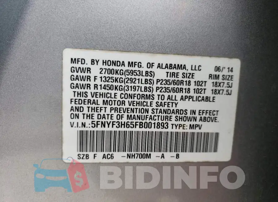 5FNYF3H65FB001893 Photo# 12