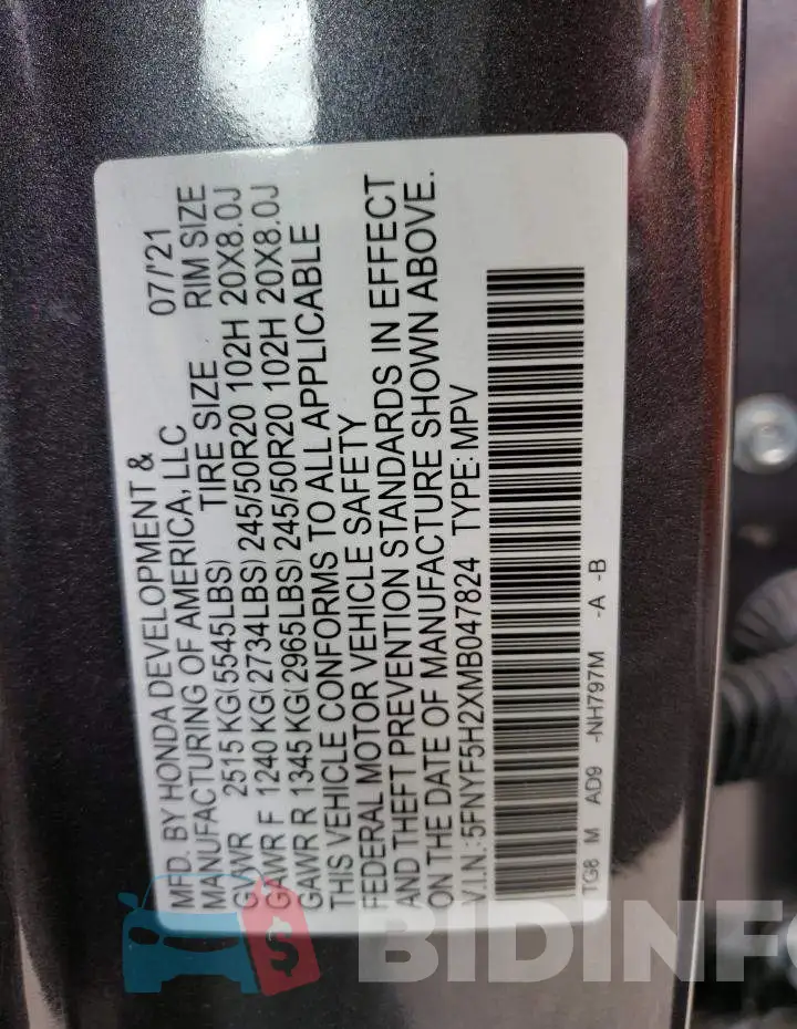 5FNYF5H2XMB047824 Photo# 13