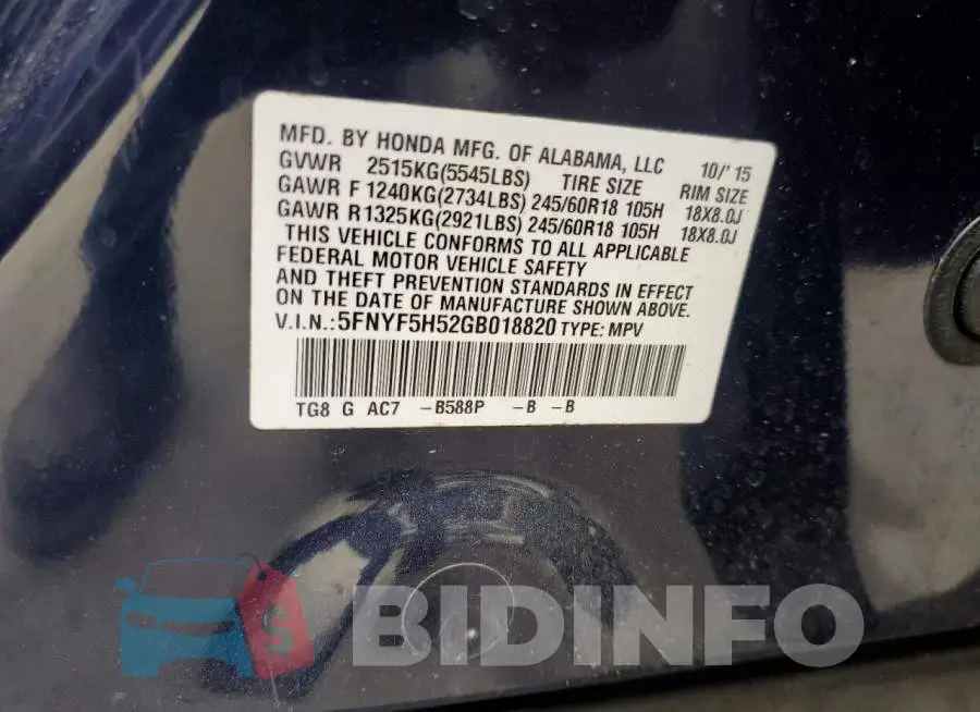 5FNYF5H52GB018820 Photo# 13