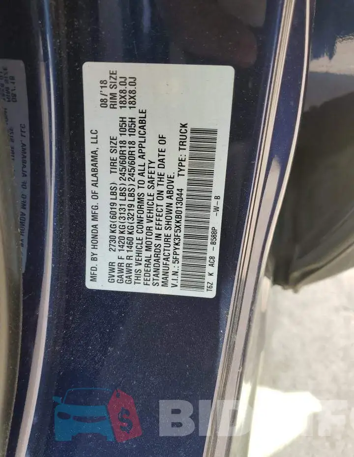 5FPYK3F5XKB013044 Photo# 12
