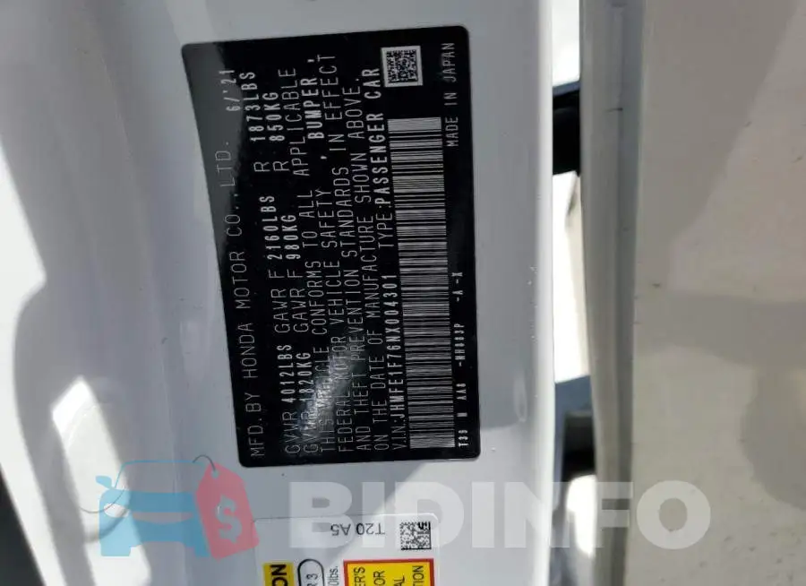 JHMFE1F76NX004301 Photo# 12