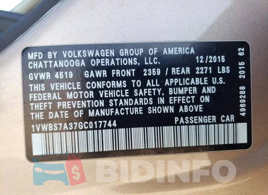 1VWBS7A37GC017744 Photo# 12