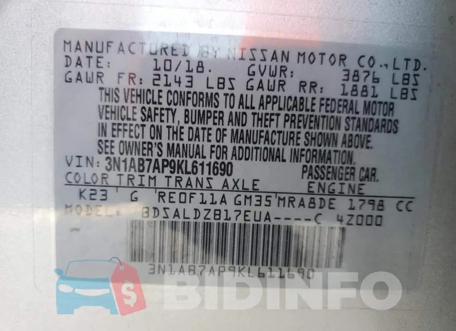 3N1AB7AP9KL611690 Photo# 13