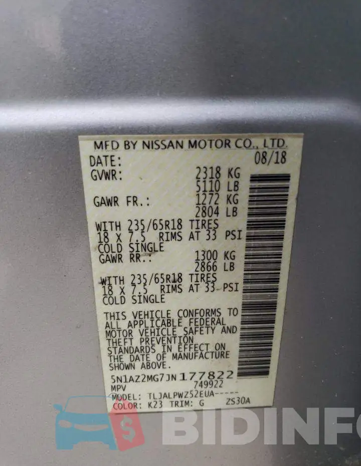 5N1AZ2MG7JN177822 Photo# 14