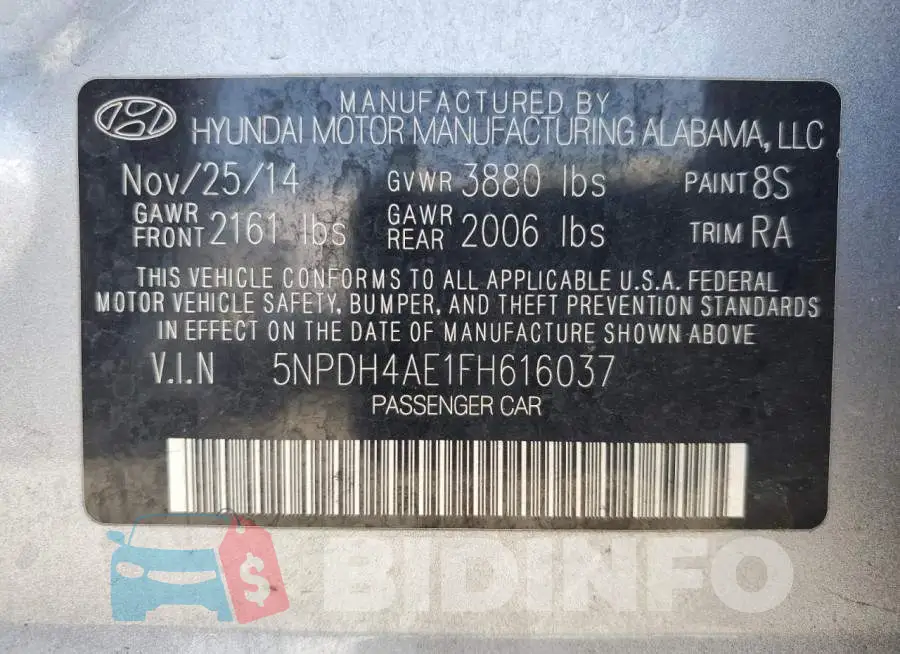 5NPDH4AE1FH616037 Photo# 12