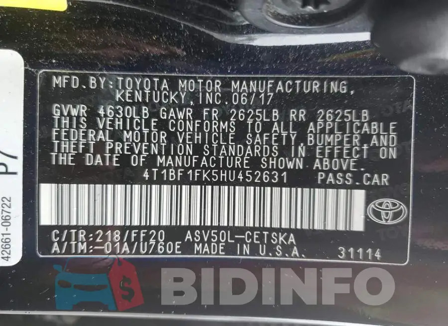 4T1BF1FK5HU452631 Photo# 12