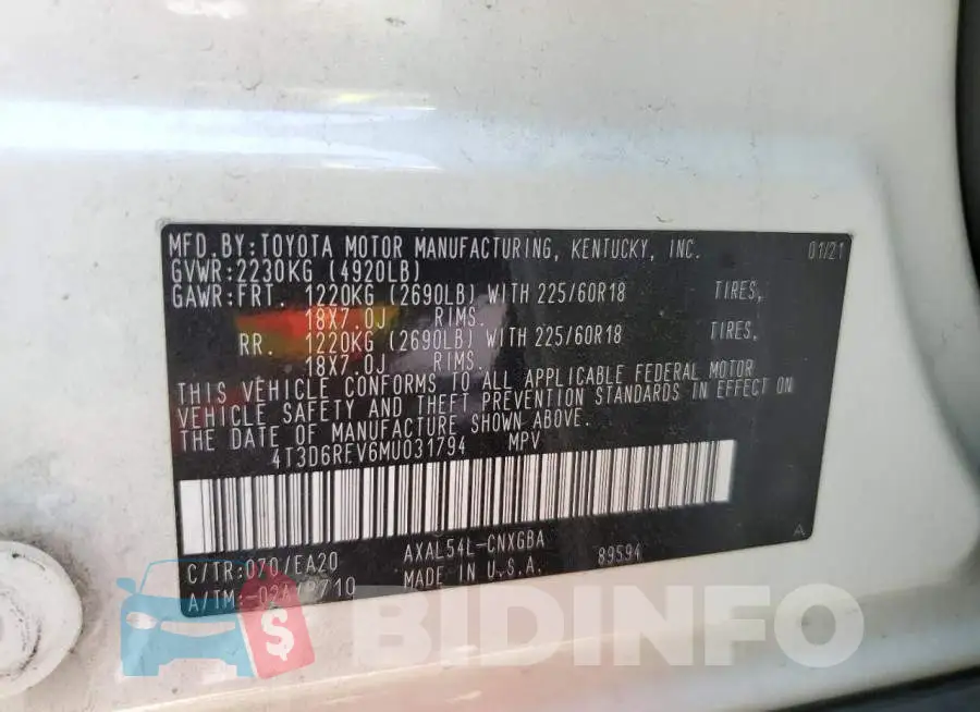 4T3D6RFV6MU031794 Photo# 12