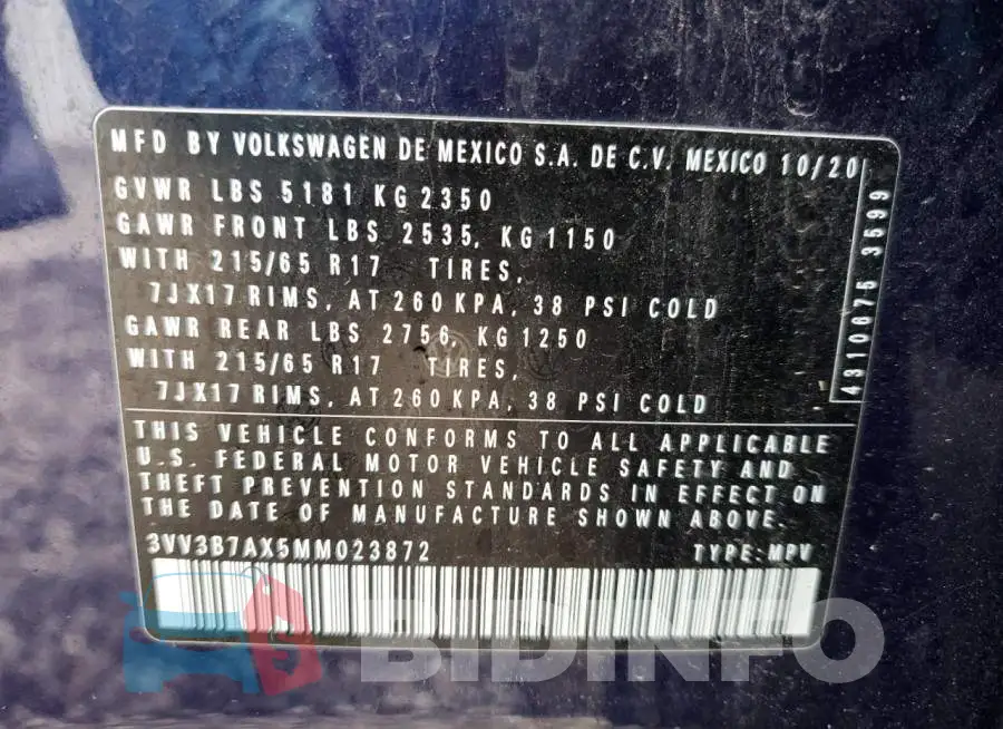 3VV3B7AX5MM023872 Photo# 13