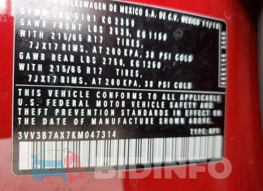 3VV3B7AX7KM047314 Photo# 13