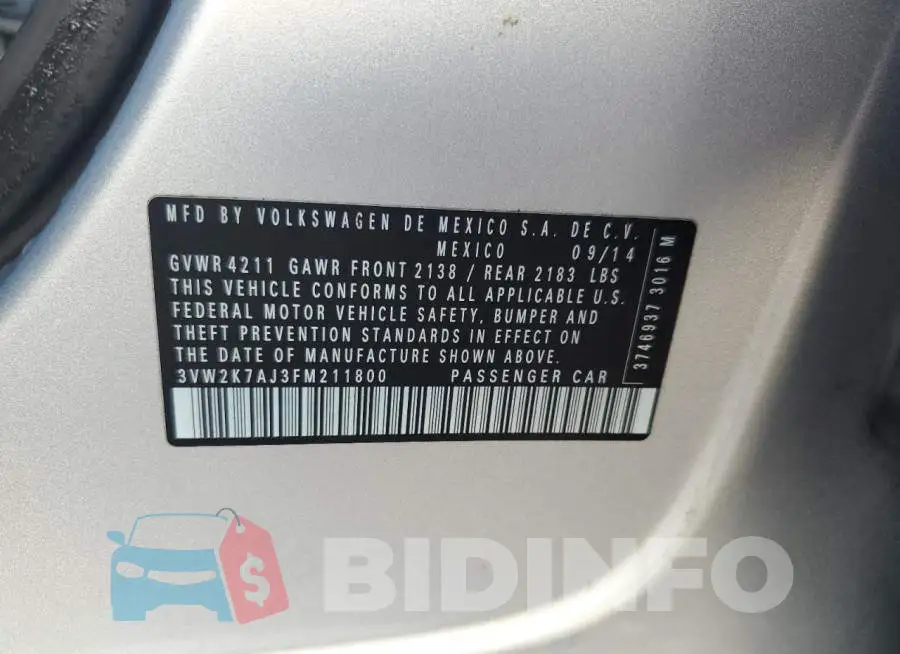3VW2K7AJ3FM211800 Photo# 12