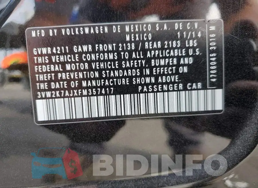 3VW2K7AJXFM357417 Photo# 12