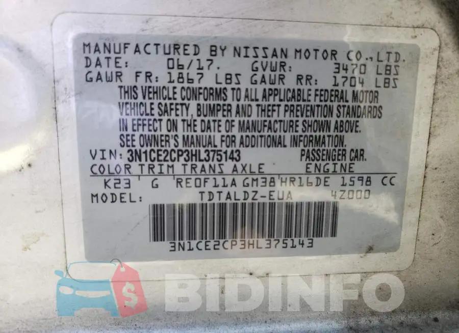 3N1CE2CP3HL375143 Photo# 12