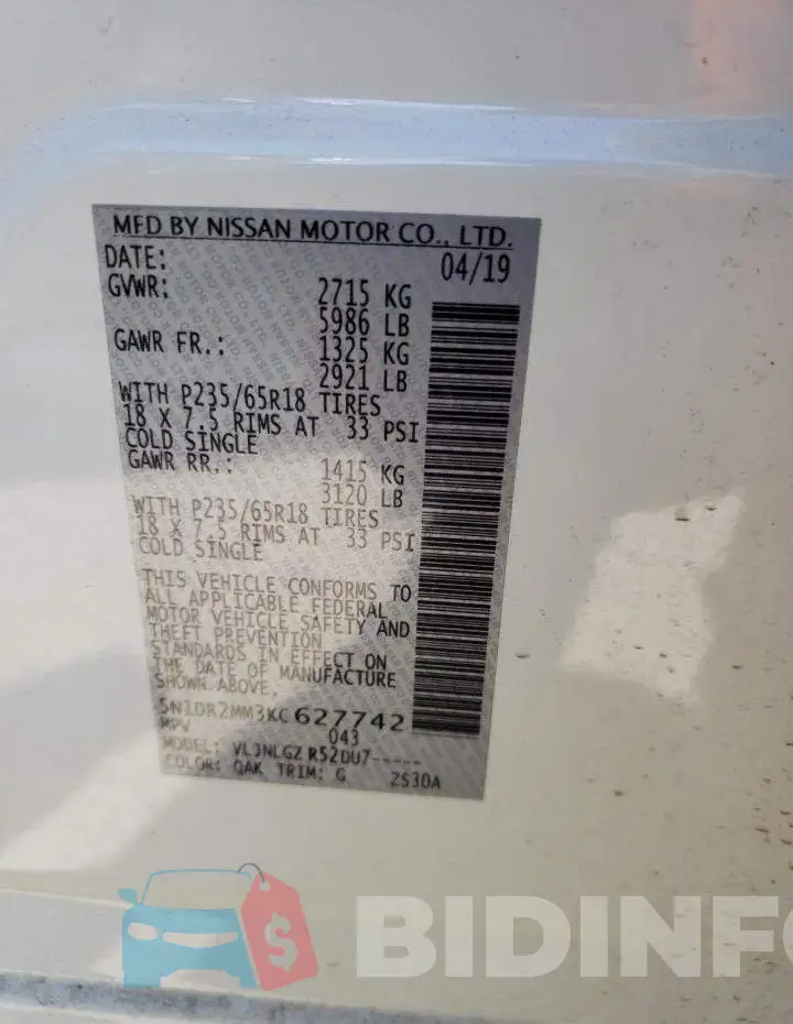 5N1DR2MM3KC627742 Photo# 12