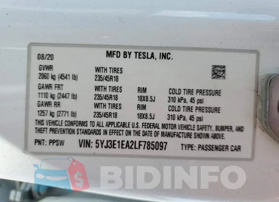 5YJ3E1EA2LF785097 Photo# 12