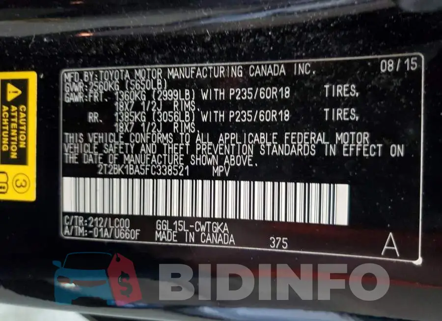 2T2BK1BA5FC338521 Photo# 14