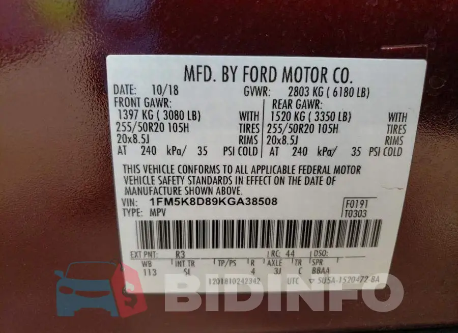 1FM5K8D89KGA38508 Photo# 13