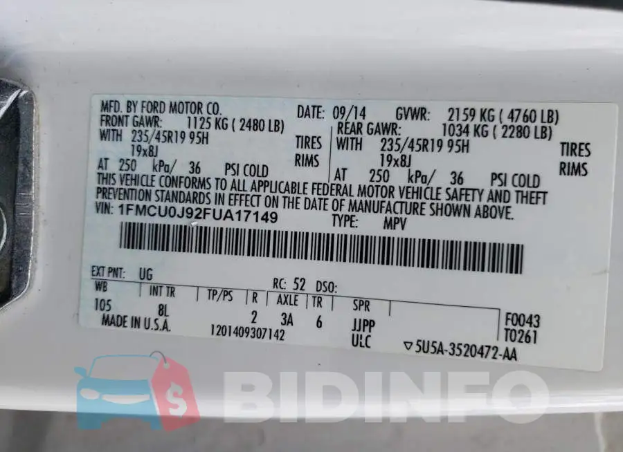 1FMCU0J92FUA17149 Photo# 13