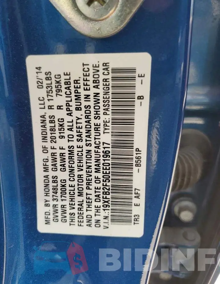 19XFB2F50EE019617 Photo# 12